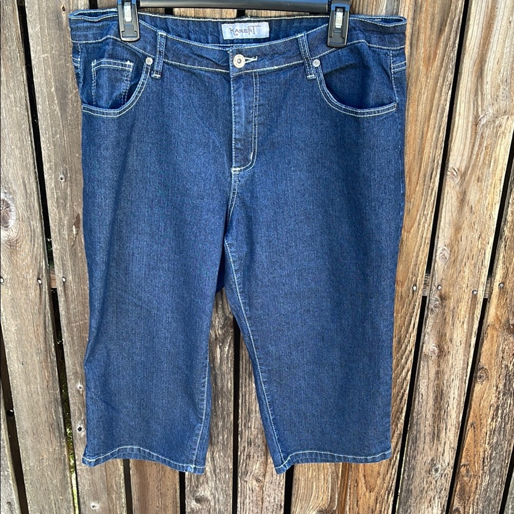Karen T 18 Dark Blue Denim Capri Jean Pants Stretch Back Bling Pockets Plus Size